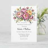 ピンクの芍薬と黄色の花のウェディングセレブレーション 招待状 (スタンド正面)