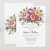 ピンクの芍薬と黄色の花のウェディングセレブレーション 招待状 (正面/裏面)