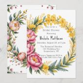 ピンクの芍薬と黄色の花のブライダルシャワー 招待状 (正面/裏面)