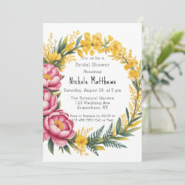 ピンクの芍薬と黄色の花のブライダルシャワー 招待状