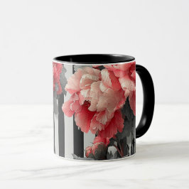 ピンクの芍薬と黒と白のストライプ マグカップ