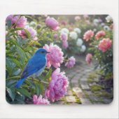 ピンクの芍薬にとまるコバルトブルーの小鳥 マウスパッド (正面)