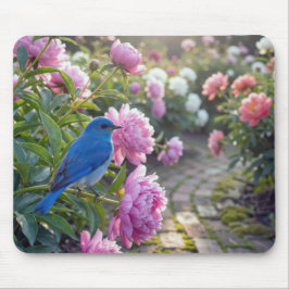 ピンクの芍薬にとまるコバルトブルーの小鳥 マウスパッド