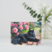 ピンクの芍薬のそばに横たわる黒猫　動物好き  ポストカード (スタンド正面)