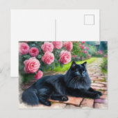 ピンクの芍薬のそばに横たわる黒猫　動物好き  ポストカード (正面/裏面)