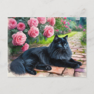 ピンクの芍薬のそばに横たわる黒猫　動物好き  ポストカード
