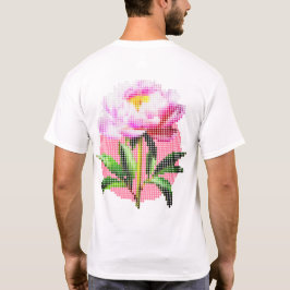 ピンクの芍薬のドットモザイクフラワーデザインのメンズ前後ろプリントTシャツ Tシャツ