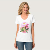 ピンクの芍薬のドットモザイクフラワーヴィーネック Tシャツ (正面フル)