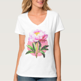 ピンクの芍薬のドットモザイクフラワーヴィーネック Tシャツ