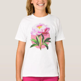 ピンクの芍薬のドットモザイクフラワー キッズ Tシャツ