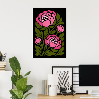 ピンクの芍薬のフラワーポスター、植物画の壁のアート ポスター