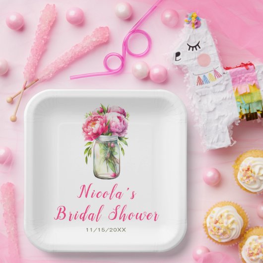 ピンクの芍薬のメイソンジャー ブライダルシャワー ペーパープレート (パーティー)