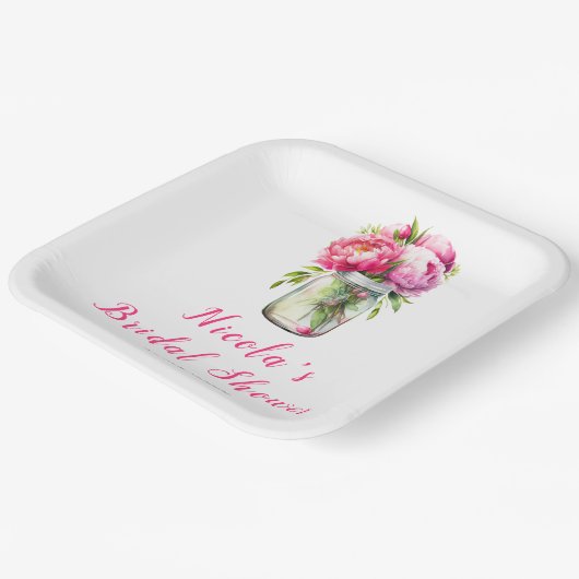 ピンクの芍薬のメイソンジャー ブライダルシャワー ペーパープレート (傾斜あり)