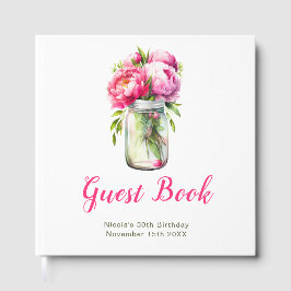 ピンクの芍薬のメイソンジャー 誕生日パーティー ゲストブック