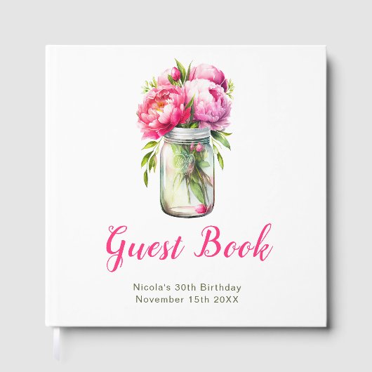 ピンクの芍薬のメイソンジャー 誕生日パーティー ゲストブック (正面)