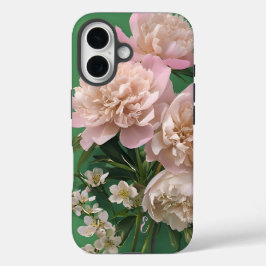 ピンクの芍薬のモノグラム 名前入り iPhone 16ケース