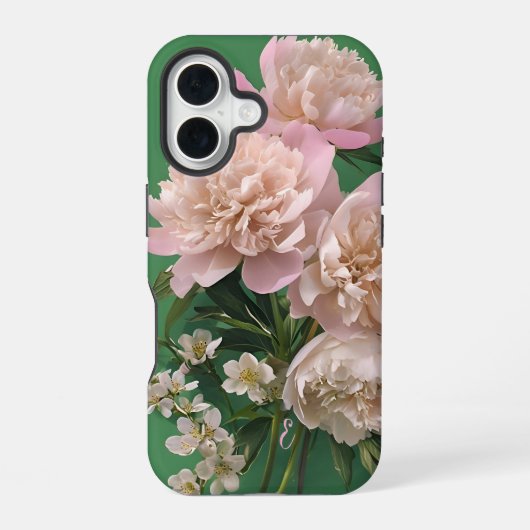 ピンクの芍薬のモノグラム 名前入り iPhone 16ケース (裏面)