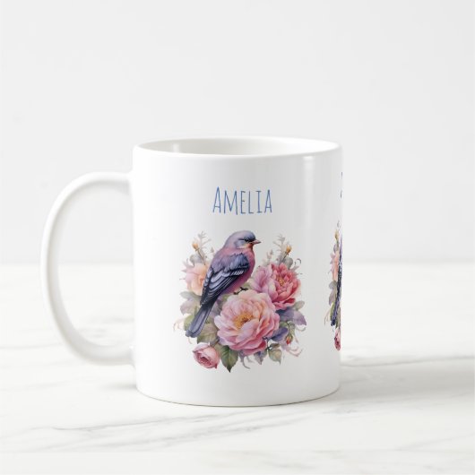 ピンクの芍薬の上に立つ小鳥 コーヒーマグカップ (左)