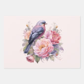 ピンクの芍薬の上に立つ小鳥 ラッピングペーパーシート (正面3)
