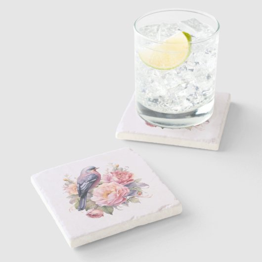 ピンクの芍薬の上のさえずる小鳥 ストーンコースター (横)