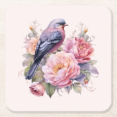 ピンクの芍薬の上の小鳥 スクエアペーパーコースター (正面)