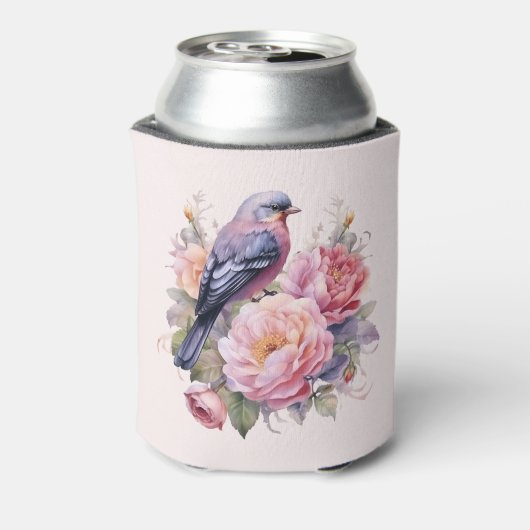 ピンクの芍薬の上の小鳥 缶クーラー (缶裏面)