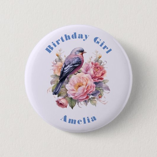 ピンクの芍薬の上の止まり木の小鳥 お誕生日のお嬢様  缶バッジ (正面)
