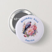 ピンクの芍薬の上の止まり木の小鳥 お誕生日のお嬢様  缶バッジ (正面&裏面)