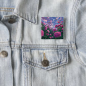ピンクの芍薬の庭の蝶のアート 缶バッジ (インサイチュ)