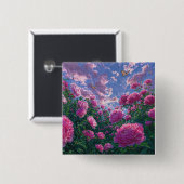 ピンクの芍薬の庭の蝶のアート 缶バッジ (正面&裏面)
