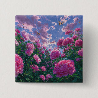 ピンクの芍薬の庭の蝶のアート 缶バッジ