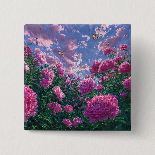 ピンクの芍薬の庭の蝶のアート 缶バッジ (正面)