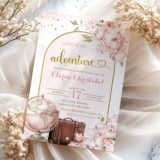 ピンクの芍薬の旅の冒険ブライダルシャワー 招待状