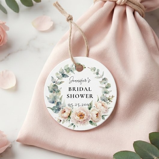 ピンクの芍薬の水彩ユーカリの結婚式前ウェディングシャワー フェイバータグ