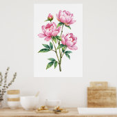 ピンクの芍薬の水彩画の植物画 ポスター (キッチン)