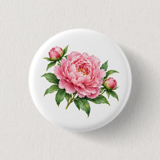 ピンクの芍薬の水彩画 缶バッジ (正面)