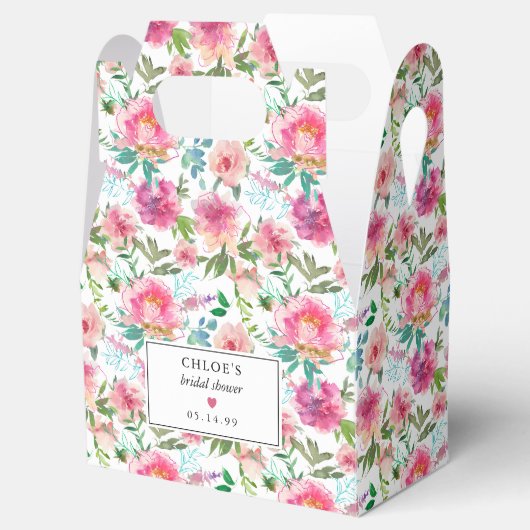 ピンクの芍薬の水彩花のブライダルシャワーのお祝い フェイバーボックス (オープン)