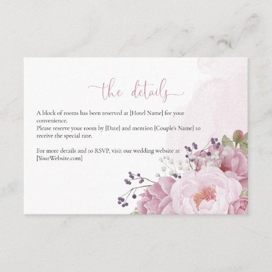 ピンクの芍薬の結婚式詳細カード エンクロージャーカード (正面)