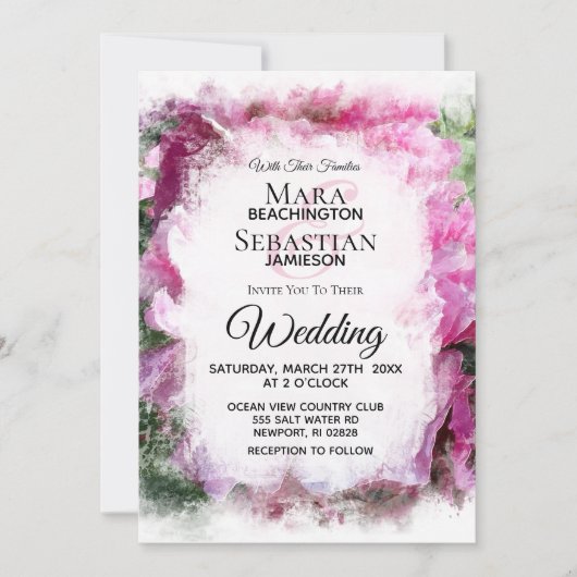 *～* ピンクの芍薬の絵画 芸術的なAR1 ウェディング 招待状 (正面)