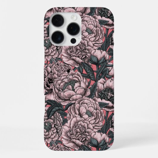 ピンクの芍薬の花と蛾 iPhoneケース (裏面)