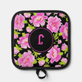 ピンクの芍薬の花のイニシャル 鍋つかみ&鍋敷きセット (正面)