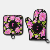 ピンクの芍薬の花のイニシャル 鍋つかみ&鍋敷きセット (正面)