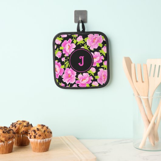 ピンクの芍薬の花のイニシャル 鍋つかみ&鍋敷きセット (インサイチュ (吊り下げ))