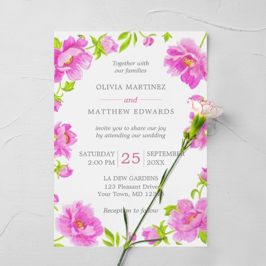 ピンクの芍薬の花のグリーンウェディング招待状 招待状