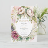 ピンクの芍薬の花のビンテージ結婚式 招待状 (スタンド正面)