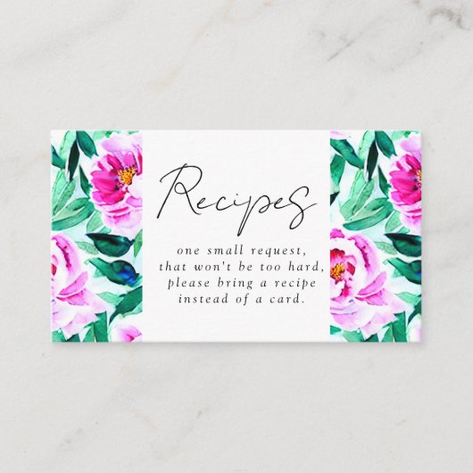 ピンクの芍薬の花のブライダルシャワーレシピのリクエスト エンクロージャーカード (正面)