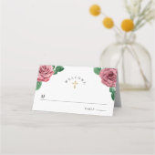 ピンクの芍薬の花の少女のカトリック初聖体拝領 プレイスカード (正面)
