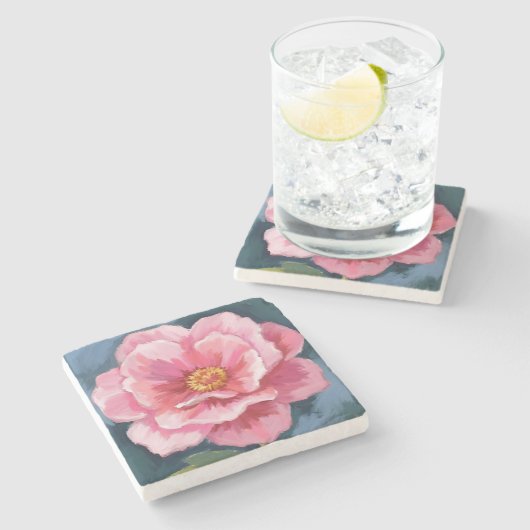 ピンクの芍薬の花の水彩画フラワー ストーンコースター (横)