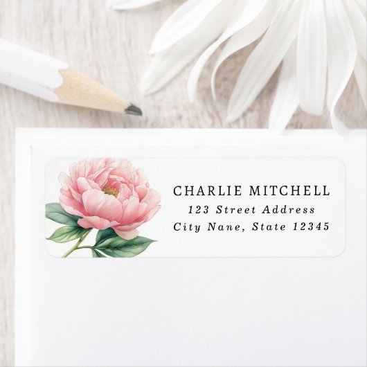 ピンクの芍薬の花の絵の差出人住所ラベル ラベル (インサイチュ)