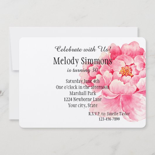 ピンクの芍薬の花の誕生日 招待状 (裏面)